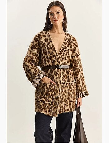 Cardigan comprido oversized com padrão leopardo e bolsos lucci