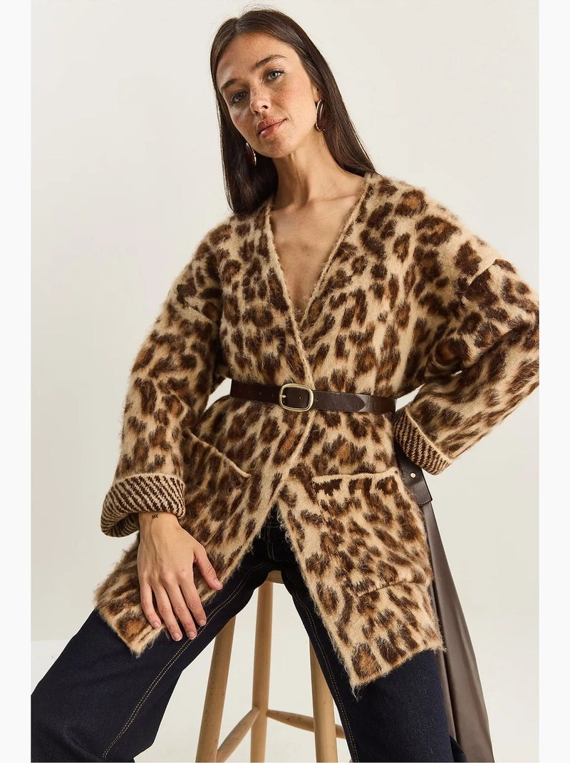 Cardigan comprido oversized com padrão leopardo e bolsos lucci Castanho-chocolate - Kiabi