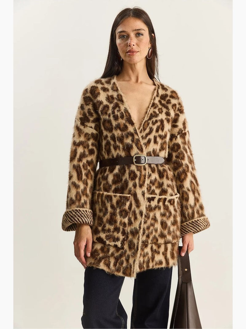 Cardigan comprido oversized com padrão leopardo e bolsos lucci Castanho-chocolate - Kiabi