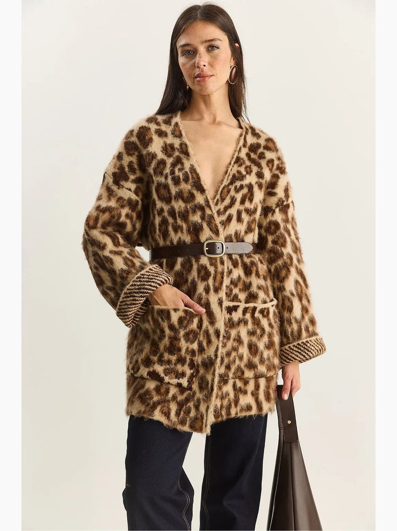 Cardigan comprido oversized com padrão leopardo e bolsos lucci Castanho-chocolate - Kiabi