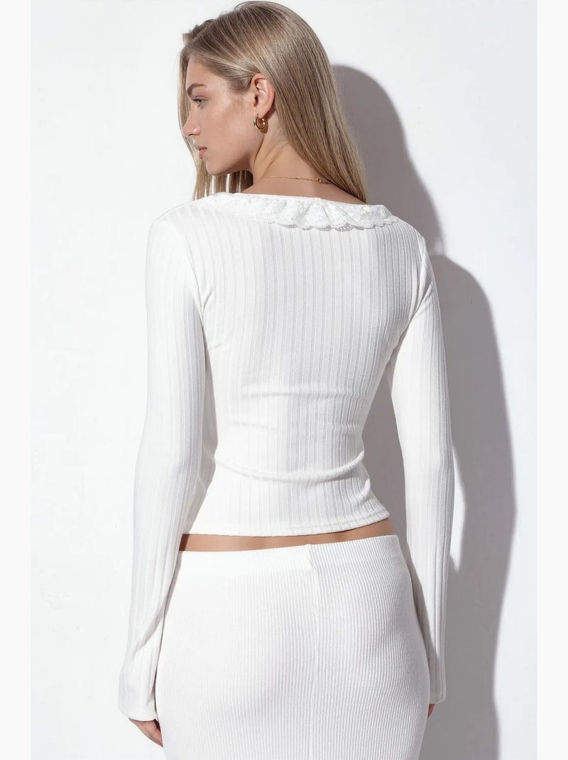 Cardigan crop canelado ajustado busem Branco - Kiabi