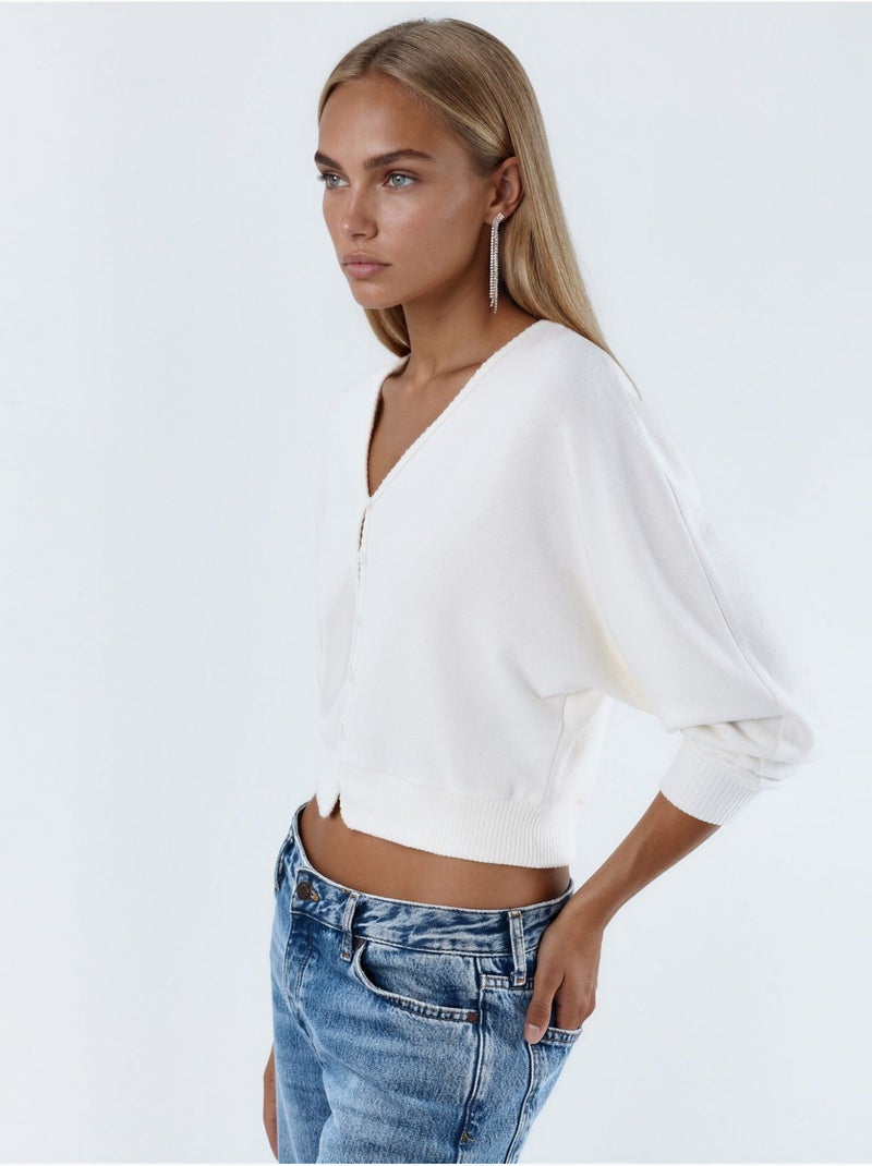 Cardigan curto canelado com decote em v busem Branco - Kiabi