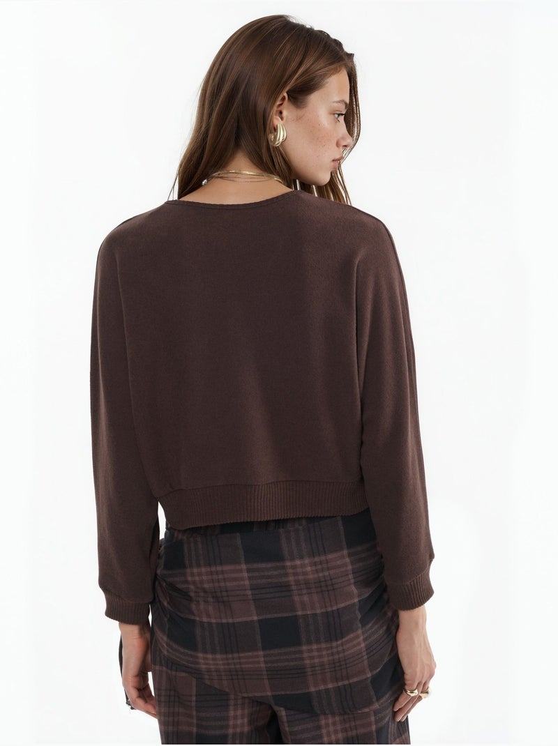 Cardigan curto canelado com decote em v busem Castanho-chocolate - Kiabi