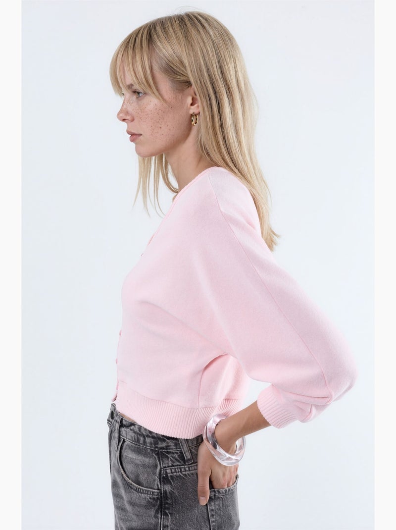Cardigan curto canelado com decote em v busem Rosa-claro - Kiabi