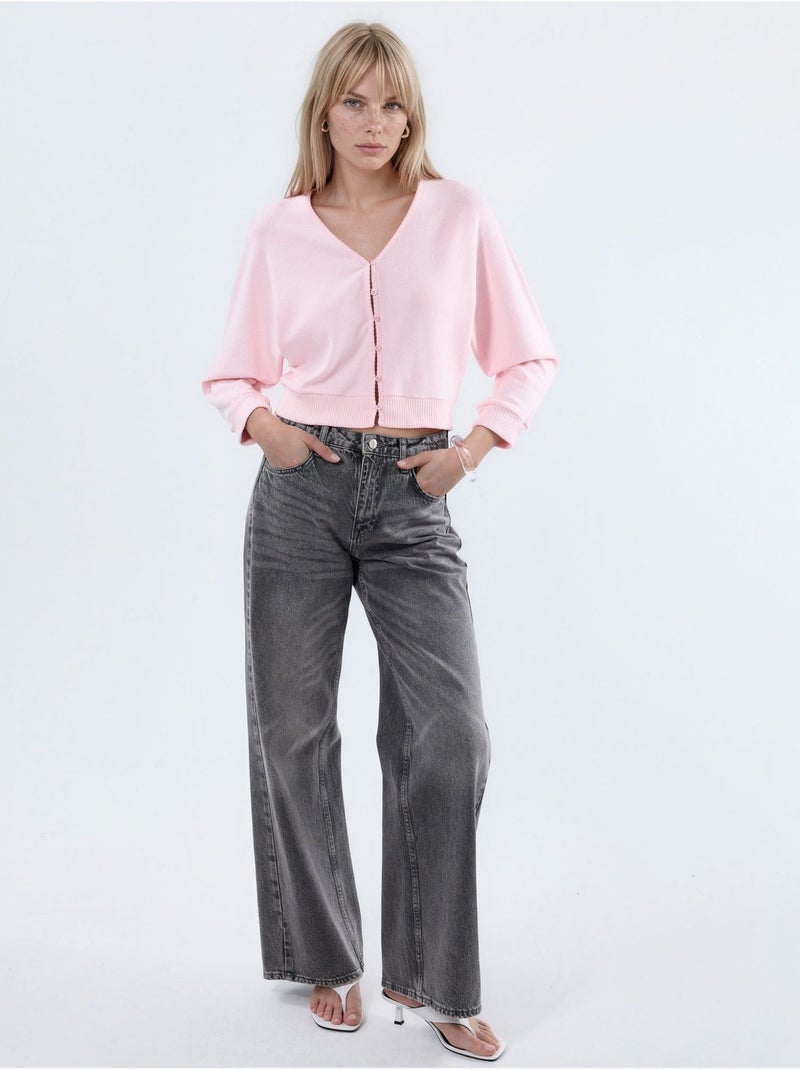 Cardigan curto canelado com decote em v busem Rosa-claro - Kiabi