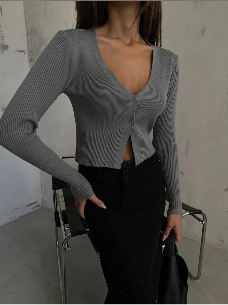 Cardigan curto com decote em V sólido Cinza - Kiabi