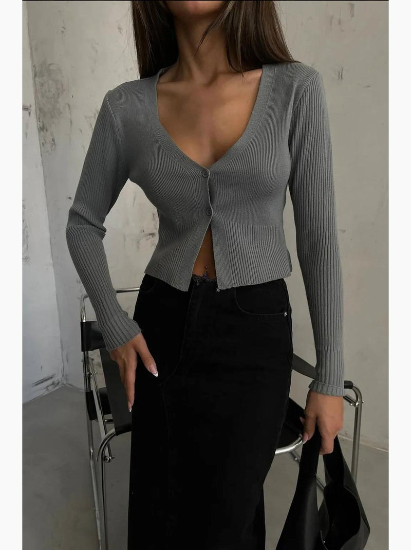 Cardigan curto com decote em v sólido hiccup Cinza - Kiabi