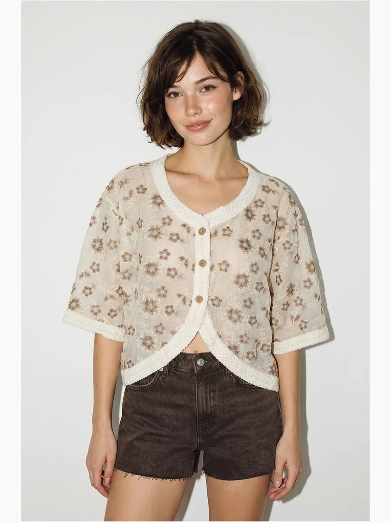 Cardigan curto jacquard floral lucci Creme - Kiabi