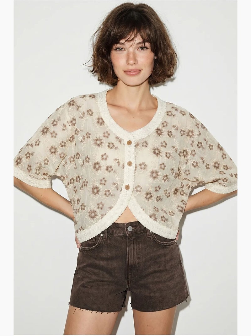 Cardigan curto jacquard floral lucci Creme - Kiabi