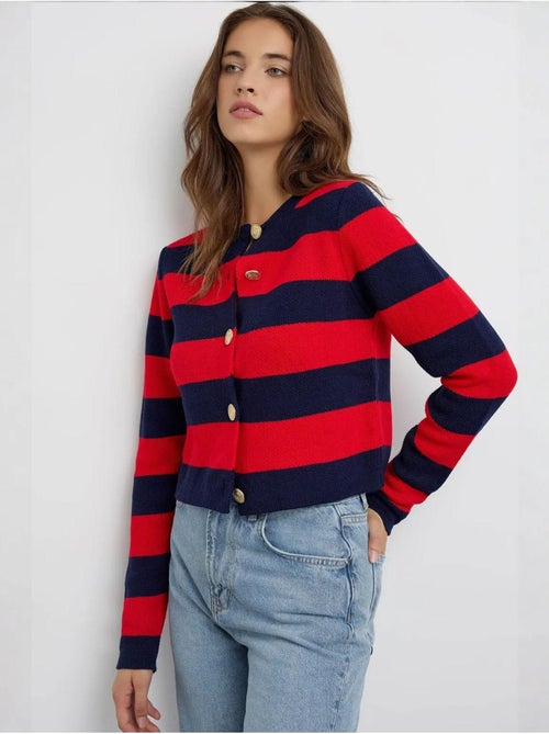 Cardigan de malha às riscas com botões hiccup - Kiabi Cardigan de malha às riscas com botões hiccup - Kiabi