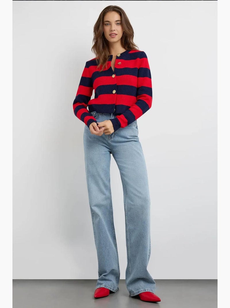 Cardigan de malha às riscas com botões hiccup Vermelho - Kiabi