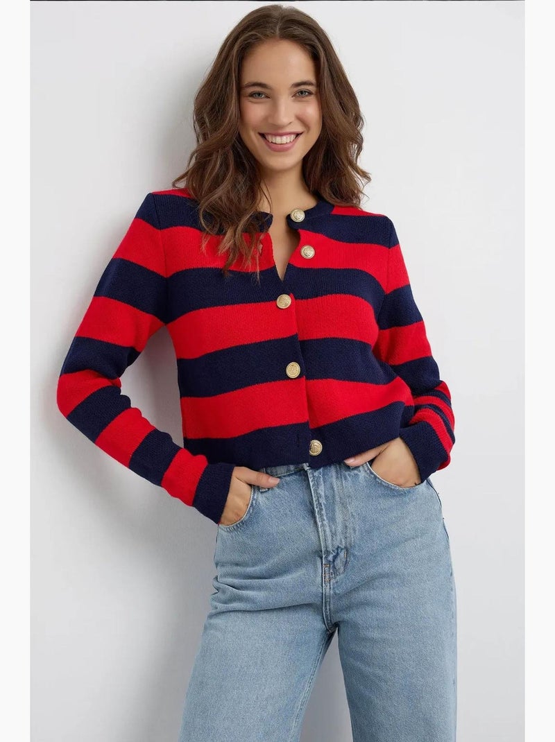 Cardigan de malha às riscas com botões hiccup Vermelho - Kiabi