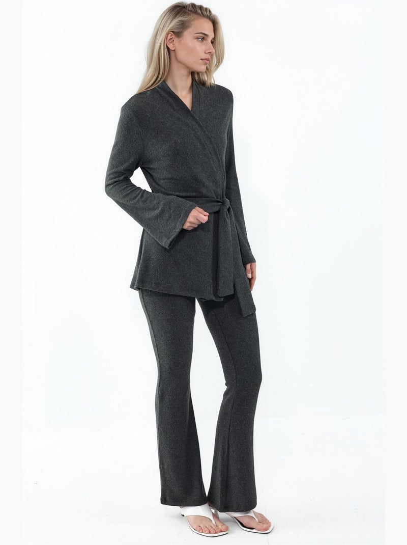 Cardigan de malha canelada com cinto busem Cinza-preto - Kiabi