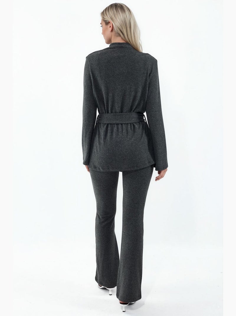 Cardigan de malha canelada com cinto busem Cinza-preto - Kiabi