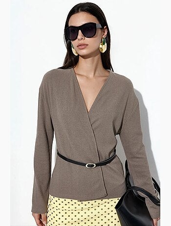 Cardigan de malha canelada com cinto busem