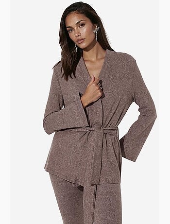 Cardigan de malha canelada com cinto busem