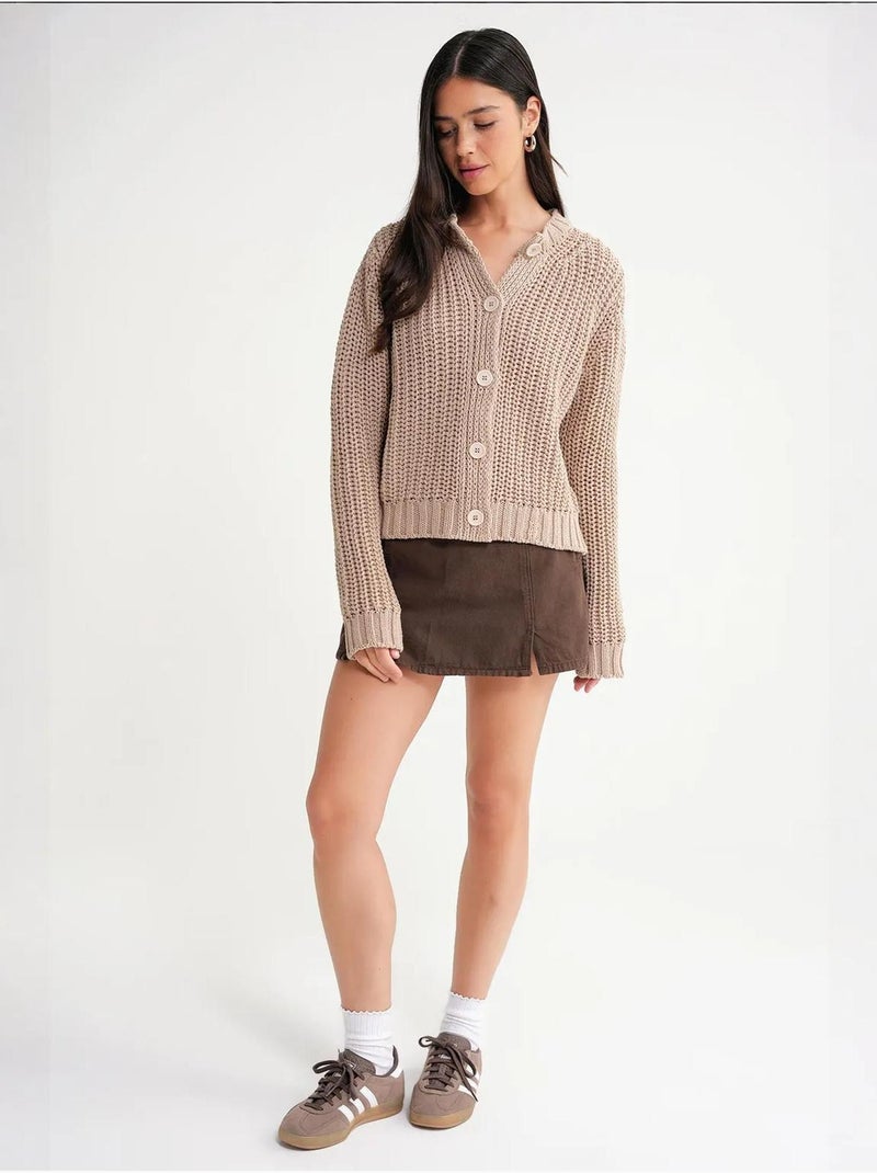 Cardigan de malha canelada texturizada com botões mixray Greige - Kiabi