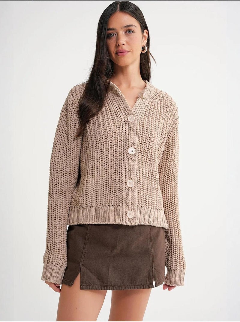 Cardigan de malha canelada texturizada com botões mixray Greige - Kiabi