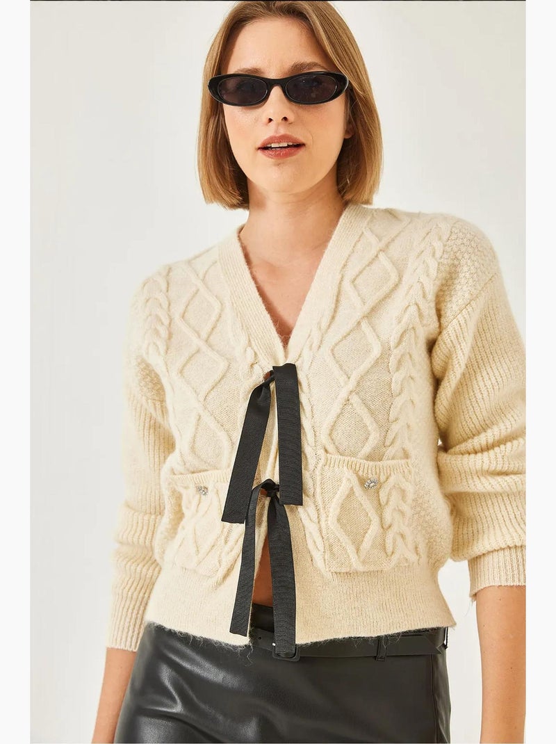 Cardigan de malha com bolso e laço frontal lucci Bege-argila - Kiabi