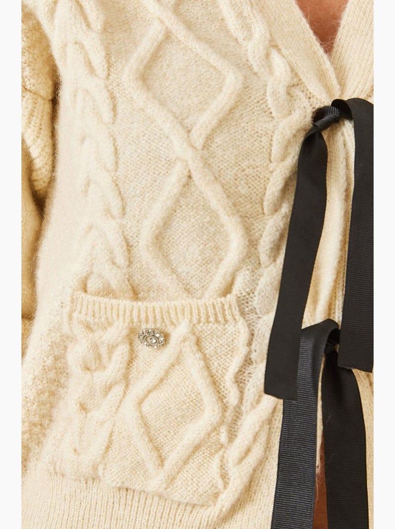 Cardigan de malha com bolso e laço frontal lucci Bege-argila - Kiabi