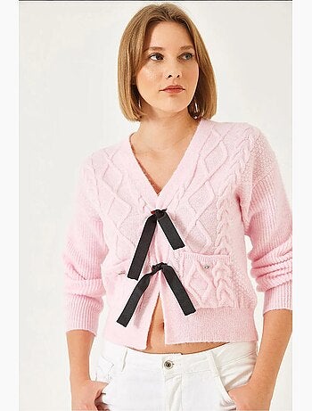 Cardigan de malha com bolso e laço frontal lucci