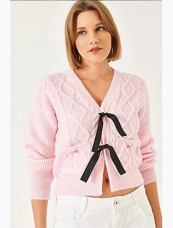 Cardigan de malha com bolso e laço frontal lucci