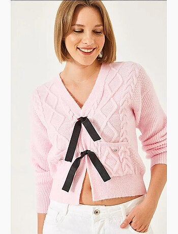Cardigan de malha com bolso e laço frontal lucci