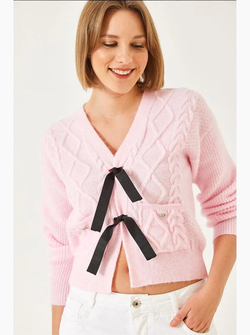 Cardigan de malha com bolso e laço frontal lucci Rosa-claro - Kiabi