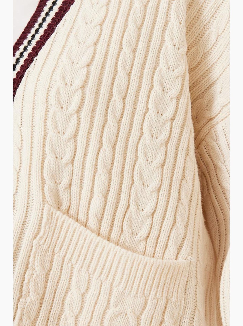 Cardigan de malha com bolsos e gola colorida lucci Creme - Kiabi