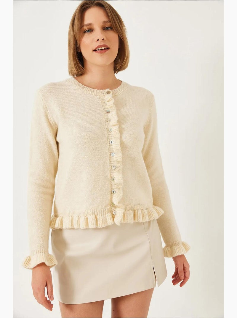 Cardigan de malha com botões e folhos lucci Bege-argila - Kiabi