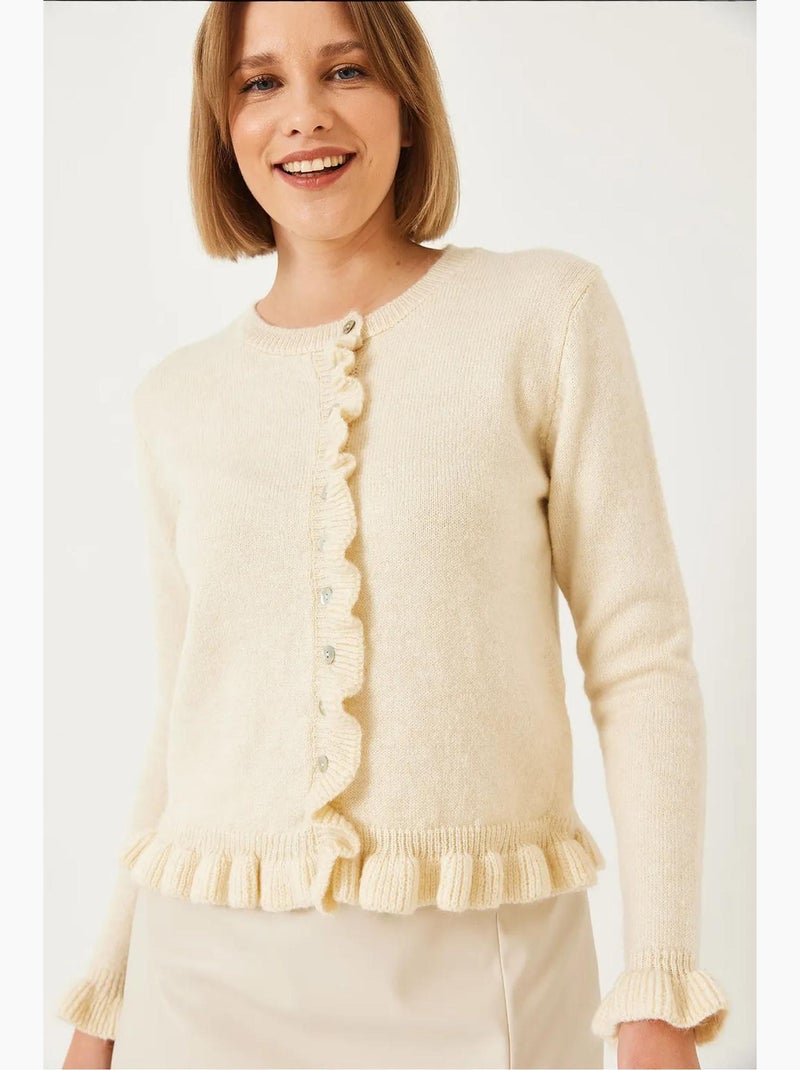 Cardigan de malha com botões e folhos lucci Bege-argila - Kiabi