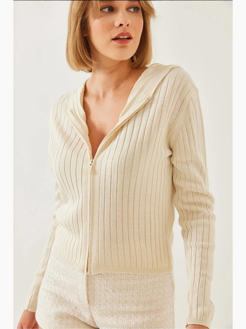 Cardigan de malha com capuz e fecho, manga comprida lucci Bege-argila - Kiabi