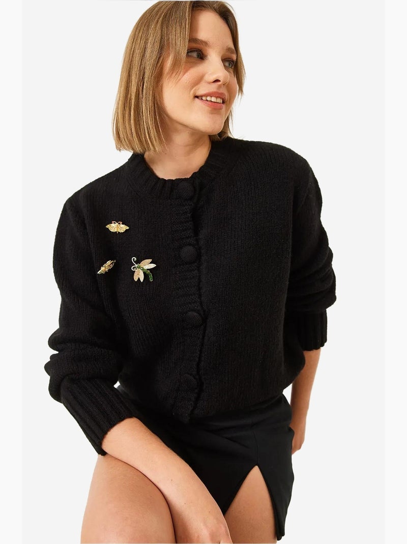 Cardigan de malha com detalhe de pregadeira lucci Preto - Kiabi
