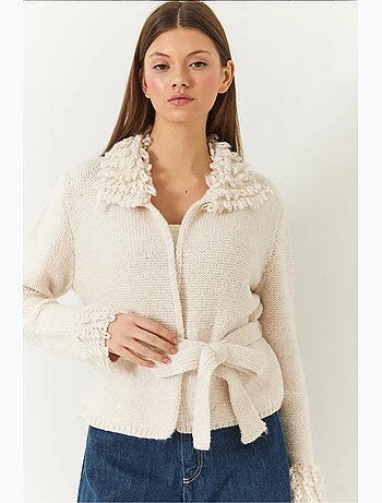 Cardigan de malha com gola e punhos franjados lucci