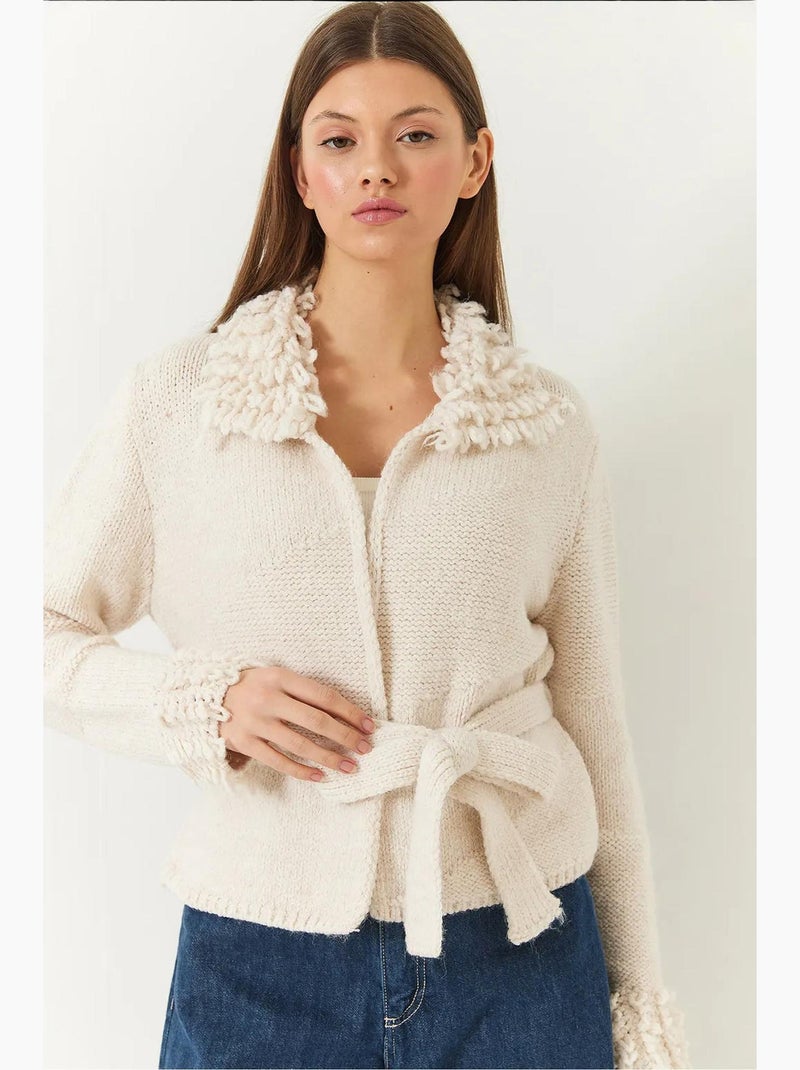 Cardigan de malha com gola e punhos franjados lucci Bege-argila - Kiabi