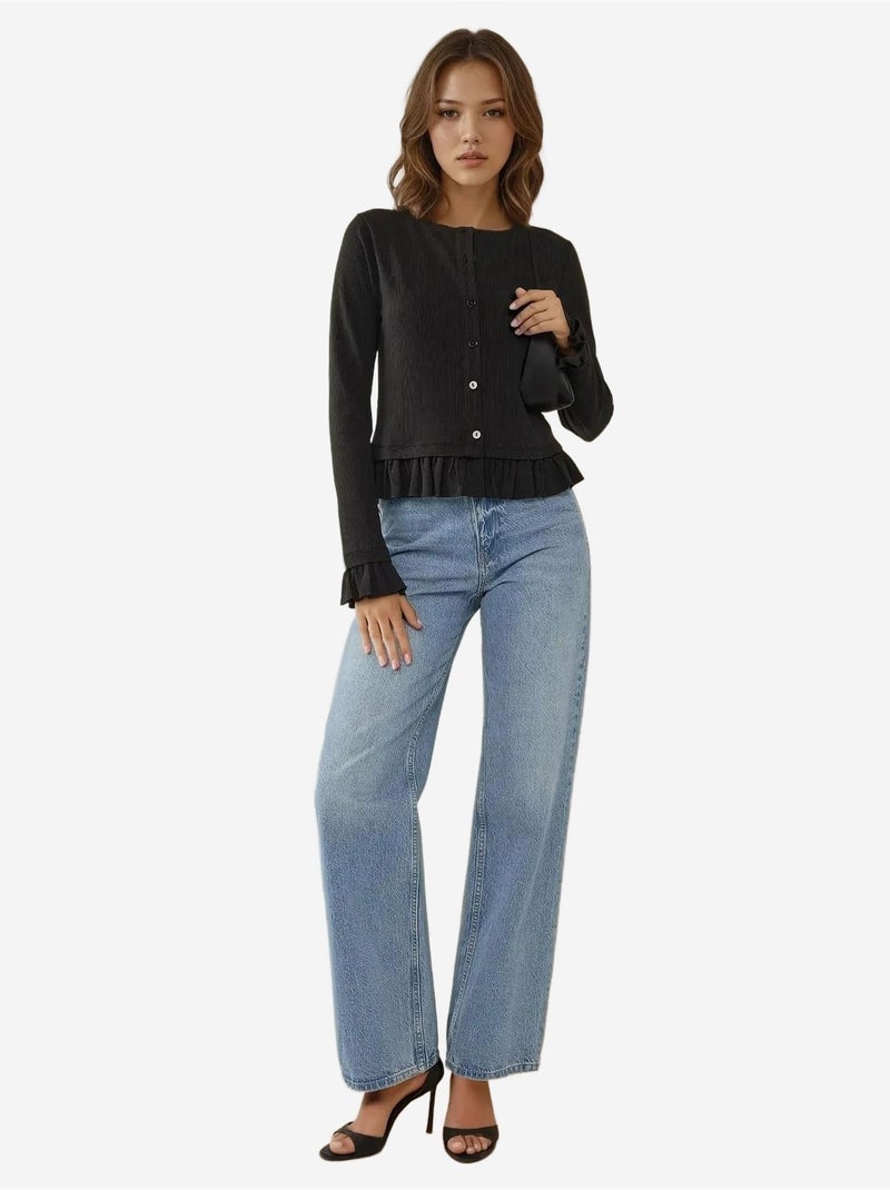 Cardigan de malha com gola redonda ajustada Preto - Kiabi