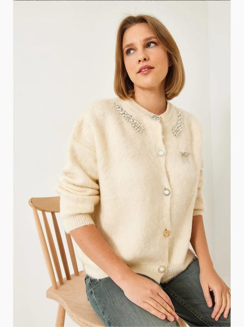 Cardigan de malha de lã com gola bordada lucci - Kiabi