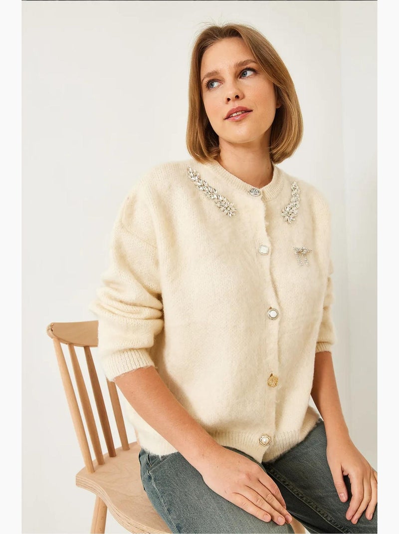 Cardigan de malha de lã com gola bordada lucci Bege-argila - Kiabi