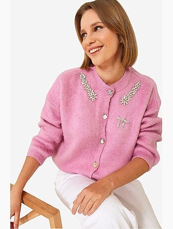 Cardigan de malha de lã com gola bordada lucci