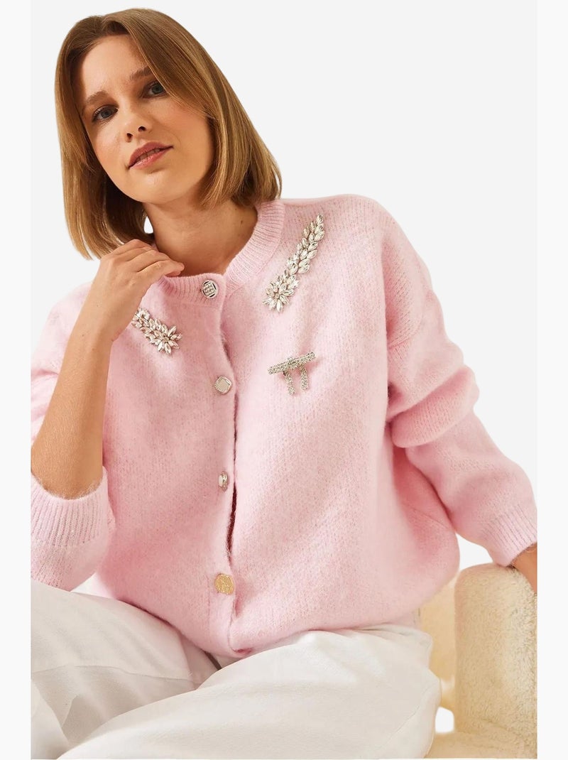 Cardigan de malha de lã com gola bordada lucci Rosa-pálido - Kiabi