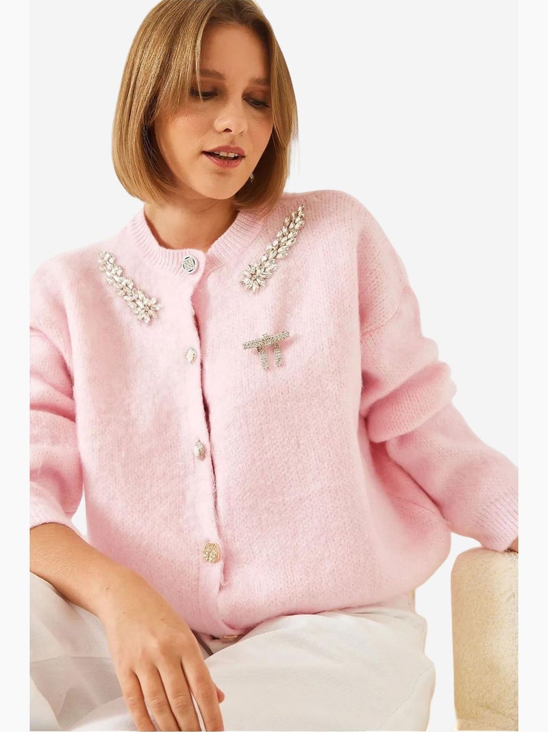 Cardigan de malha de lã com gola bordada lucci Rosa-pálido - Kiabi