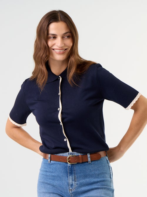 Cardigan de malha de manga curta com renda - Kiabi