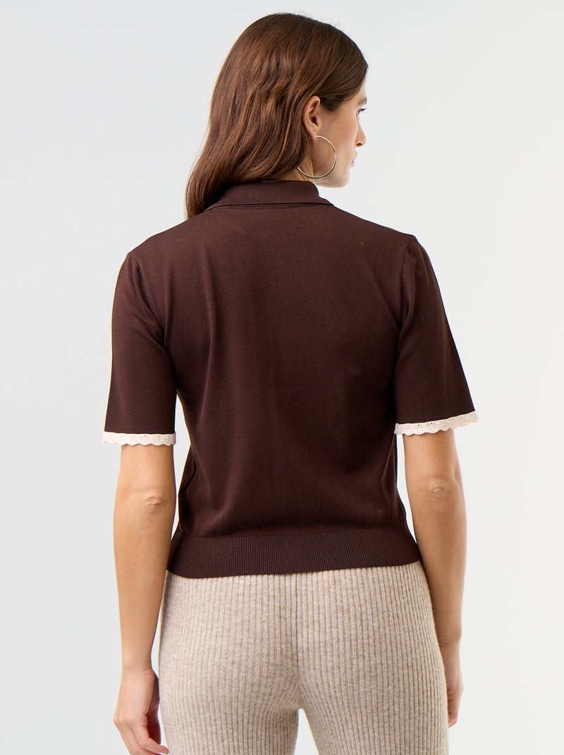 Cardigan de malha de manga curta com renda Castanho - Kiabi