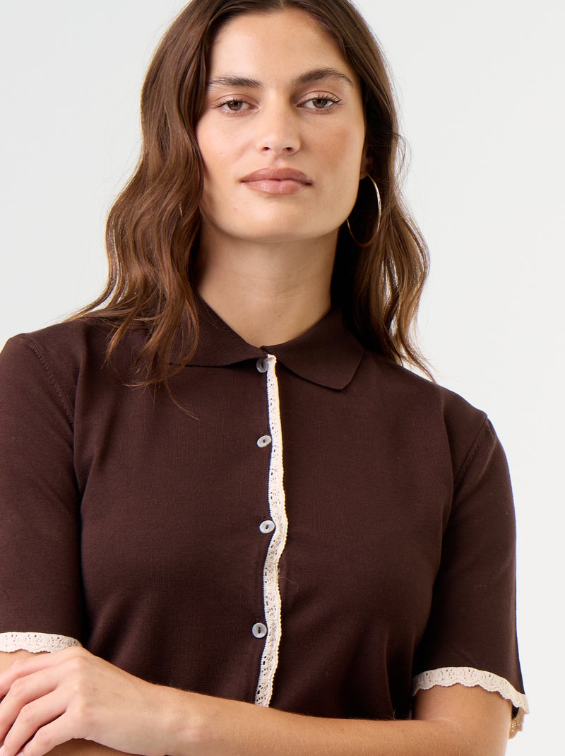 Cardigan de malha de manga curta com renda Castanho - Kiabi