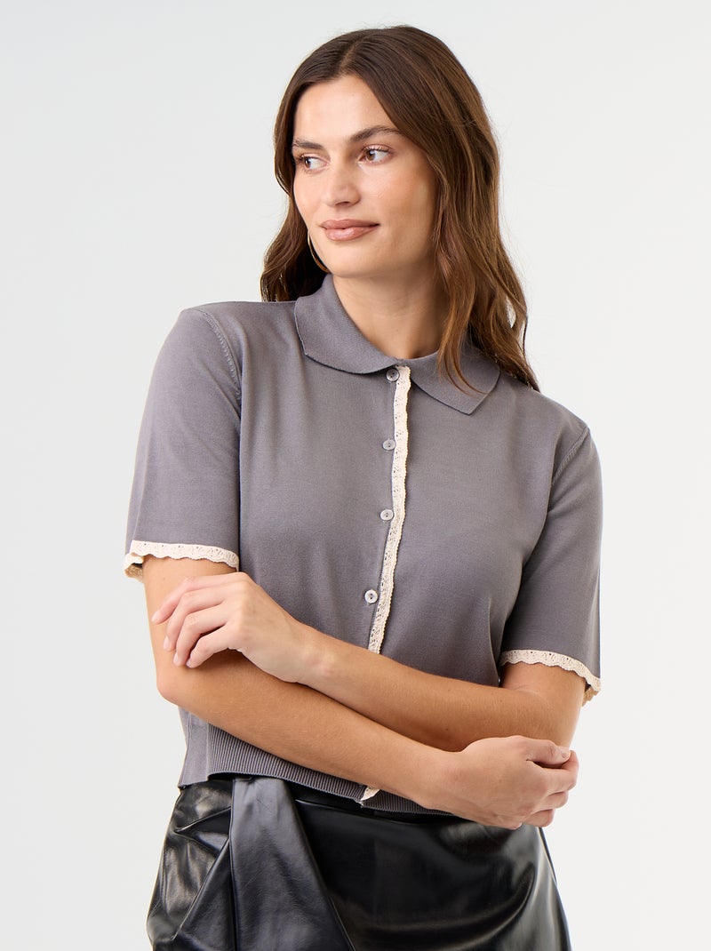 Cardigan de malha de manga curta com renda Cinza - Kiabi