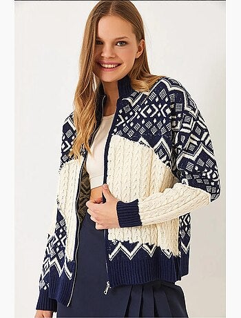 Cardigan de malha jacquard com fecho lucci