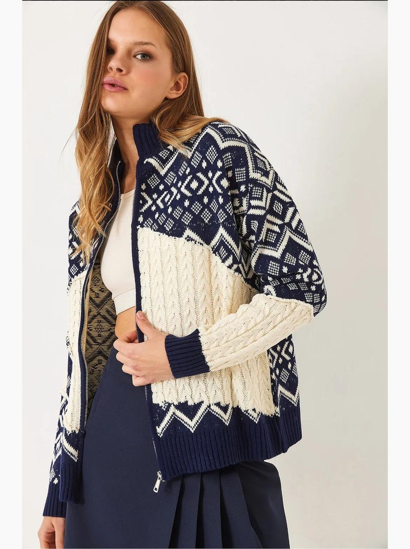 Cardigan de malha jacquard com fecho lucci Azul-marinho - Kiabi