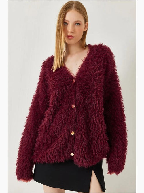 Cardigan de malha macia e felpuda com botões e decote em v lucci - Kiabi