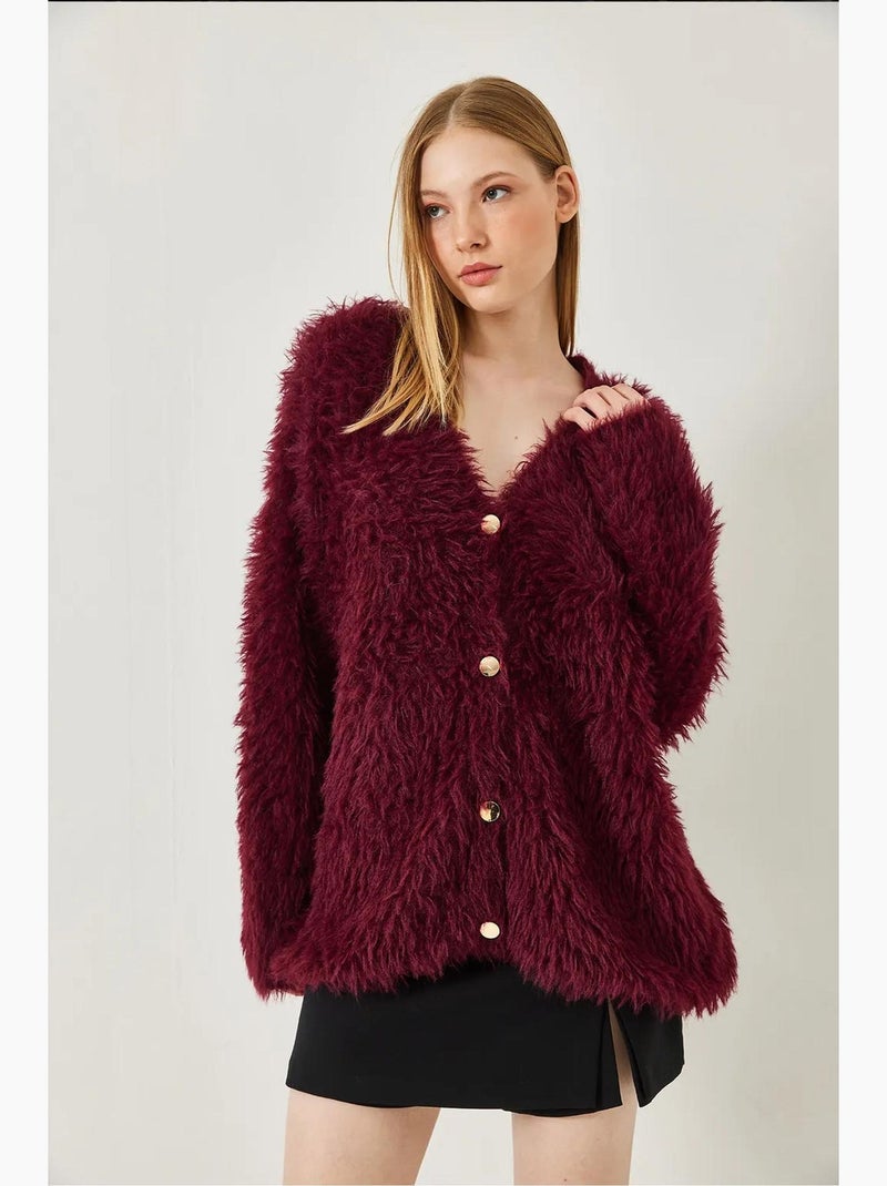 Cardigan de malha macia e felpuda com botões e decote em v lucci Vermelho bordô - Kiabi