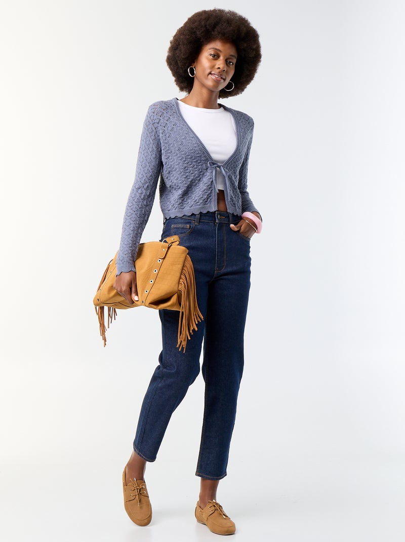 Cardigan em malha de croché vazada Cinza - Kiabi